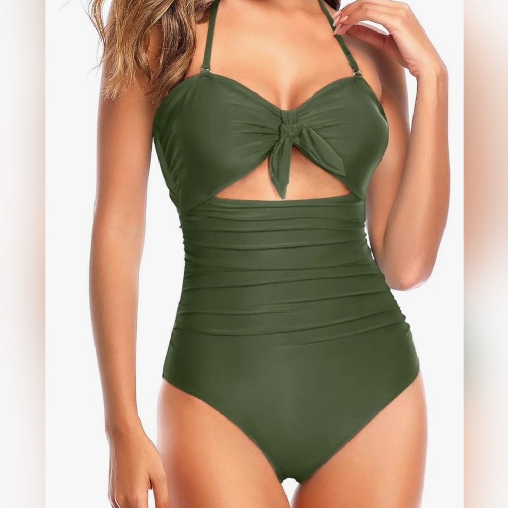 Temp Me Women's Olive Green Halter One-Piece Swimsuit Size XL